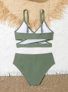 Tween Girl Solid Criss Cross Ruched Bikini Set Summer Beach - Army Green - View 2