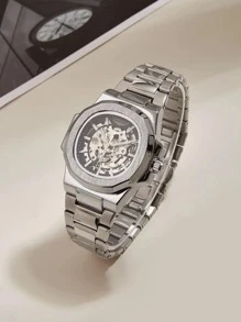 LONGLUX 1pc Men's Hollow Automatic Mechanical Watch, Butterfly Buckle Steel Strap, Business Watch