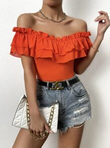 SHEIN Privé Off Shoulder Ruffle Trim Tee - Orange - View 4