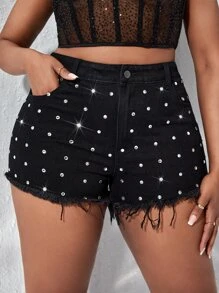 SHEIN SXY 大碼鉚釘細節毛邊牛仔短褲 - 黑色 - 查看 1