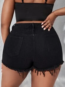 SHEIN SXY 大碼鉚釘細節毛邊牛仔短褲 - 黑色 - 查看 2