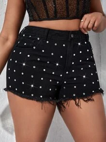 SHEIN SXY 大碼鉚釘細節毛邊牛仔短褲 - 黑色 - 查看 3