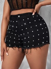 SHEIN SXY 大碼鉚釘細節毛邊牛仔短褲 - 黑色 - 查看 4