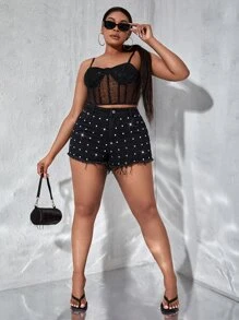 SHEIN SXY 大碼鉚釘細節毛邊牛仔短褲 - 黑色 - 查看 5