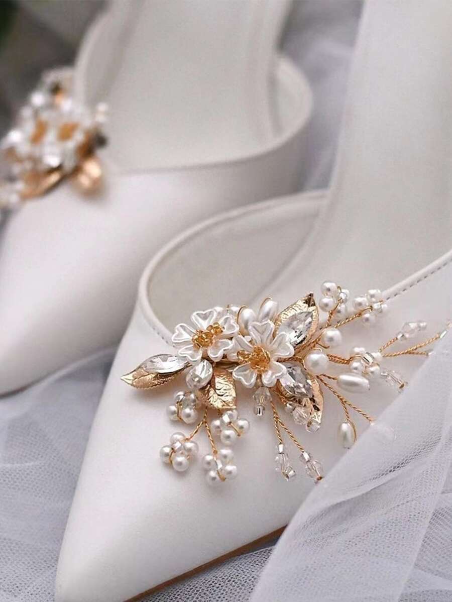 2pcs Detachable Shoe Decoration, Flower & Faux Pearl Decor Glamorous