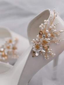 2入組可拆卸鞋花和人造珍珠裝飾魅力四射配件適用於婚禮鞋