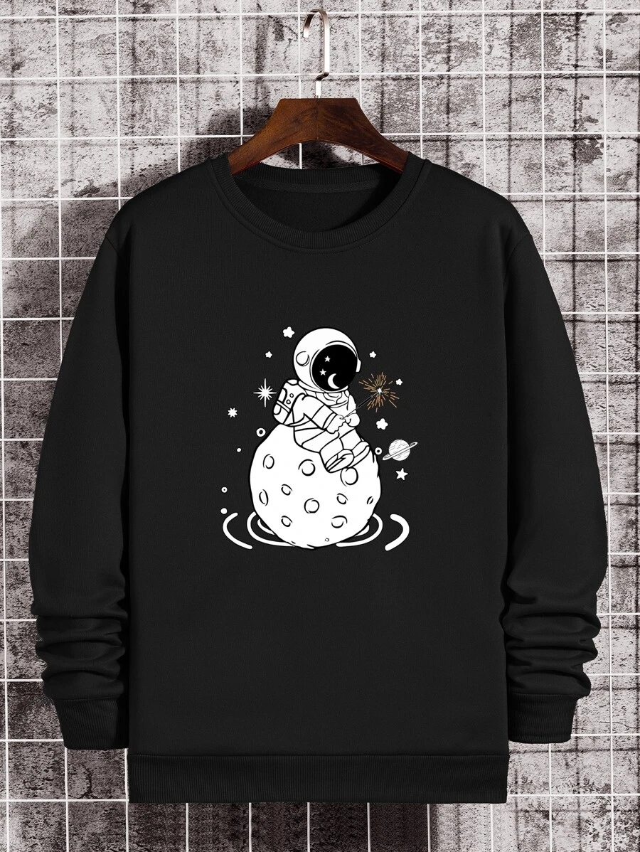 Manfinity Dauomo 男士宇航員印花加絨內裏運動衫 - 黑色 - 查看 1