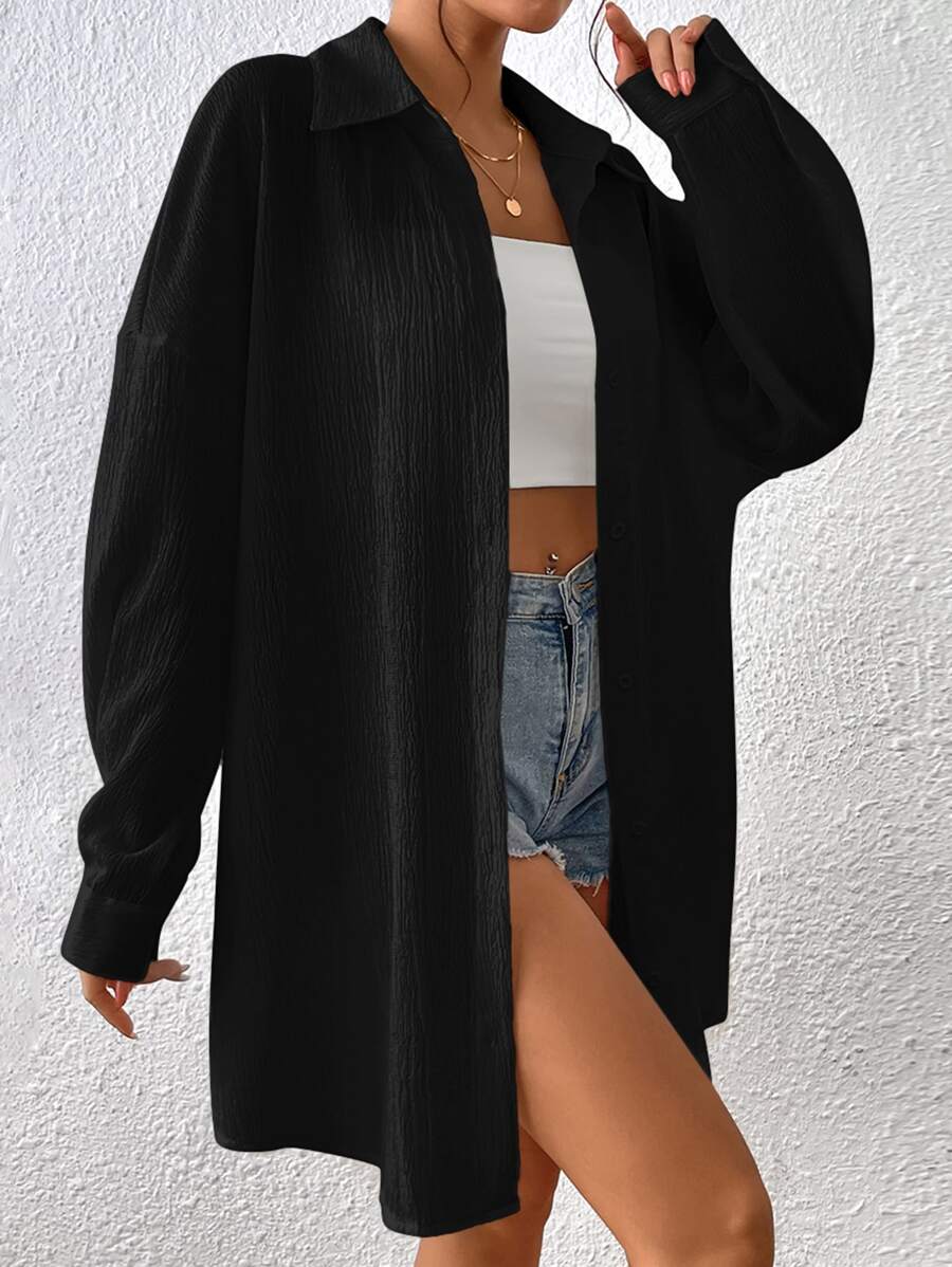 SHEIN EZwear Camisa de hombros caídos con botón delantero - Negro - Ver 1