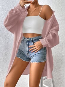SHEIN EZwear Drop Shoulder Button Front Shirt - Pink - View 3