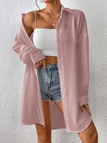 SHEIN EZwear Drop Shoulder Button Front Shirt - Pink - View 5