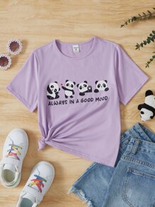 SHEIN Tween Girl Casual Panda Print Regular Shoulder Pullover T-Shirt With Round Neck - Lilac Purple - View 1