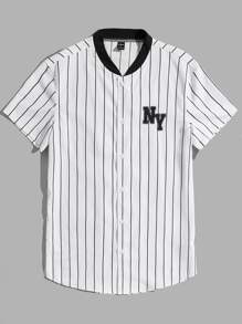 Manfinity VCAY 男士條紋和字母圖案棒球領襯衫