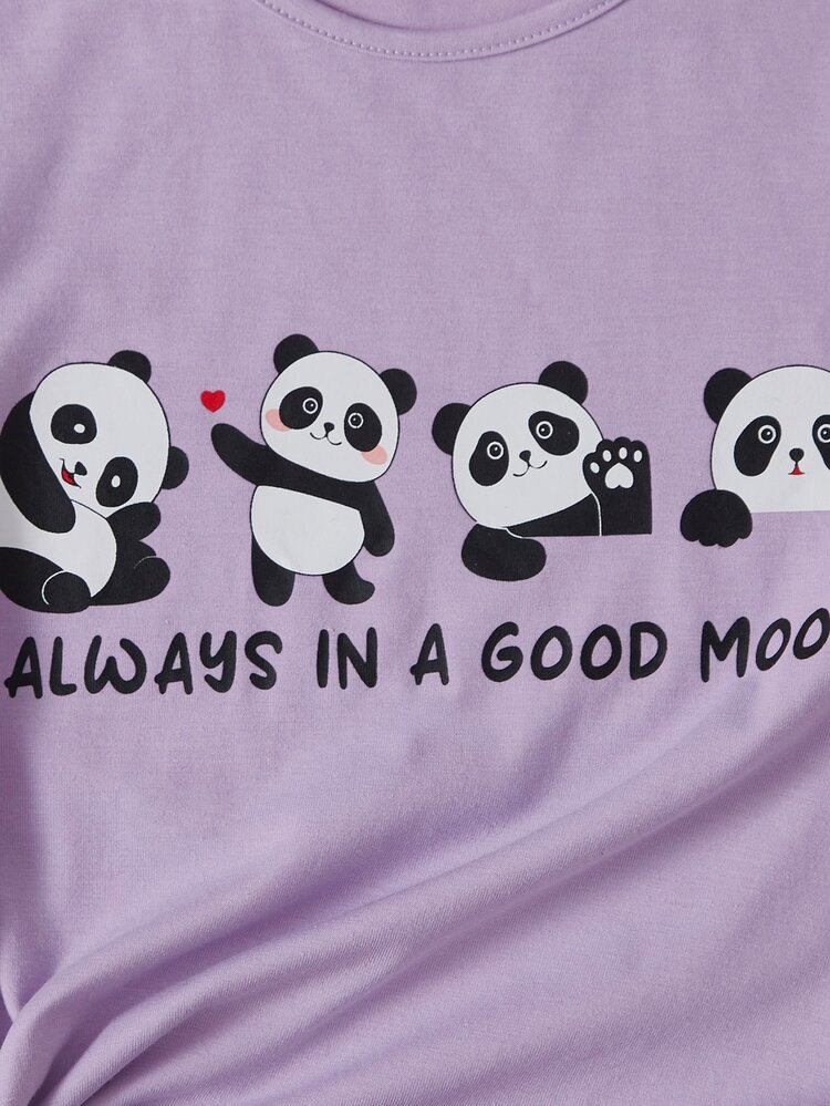 SHEIN Tween Girl Casual Panda Print Regular Shoulder Pullover T-Shirt With Round Neck - Lilac Purple - View 4