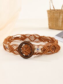 Rhinestone Decor Round Buckle Woven Belt - Brown - View 2