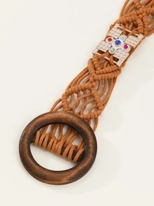 Rhinestone Decor Round Buckle Woven Belt - Brown - View 4