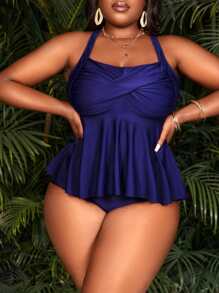 Plus Size Twist Front Ruffle Hem Tankini Summer Beach - Navy Blue - View 1