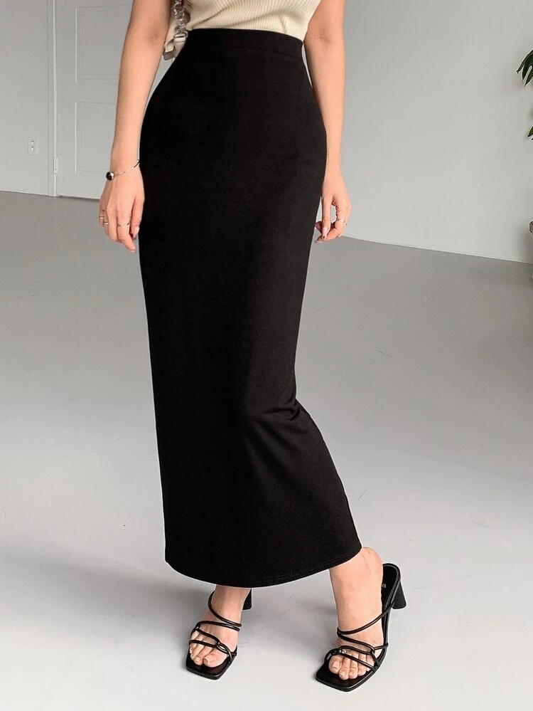 Solid High Waist Split Back Skirt