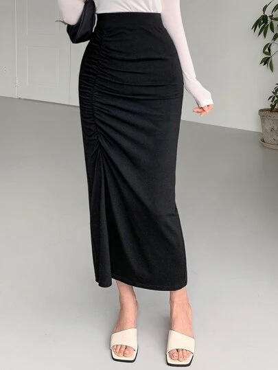 DAZY Solid Ruched High Waist Skirt