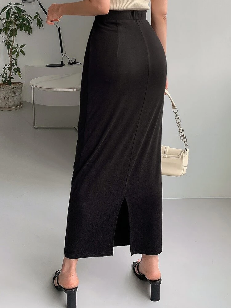Solid High Waist Split Back Skirt