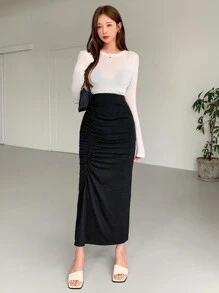 DAZY 纯色褶皱高腰裙 - 黑色 - 查看 4