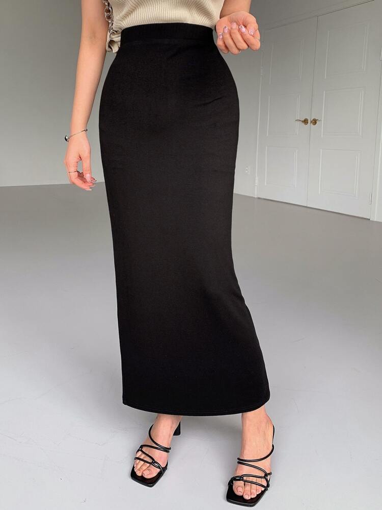 Solid High Waist Split Back Skirt