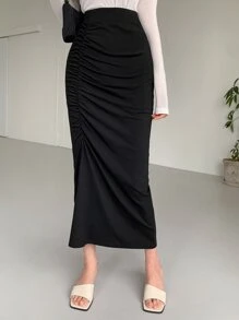 DAZY 纯色褶皱高腰裙 - 黑色 - 查看 5
