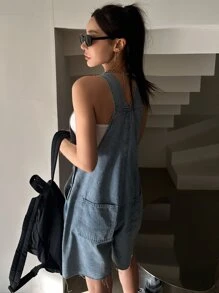 DAZY One Shoulder Raw Cut Denim Romper Without Tube Top - Medium Wash - View 2