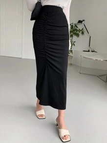 DAZY 纯色褶皱高腰裙 - 黑色 - 查看 8