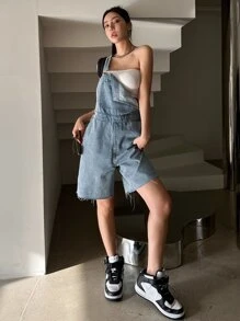 DAZY One Shoulder Raw Cut Denim Romper Without Tube Top - Medium Wash - View 7