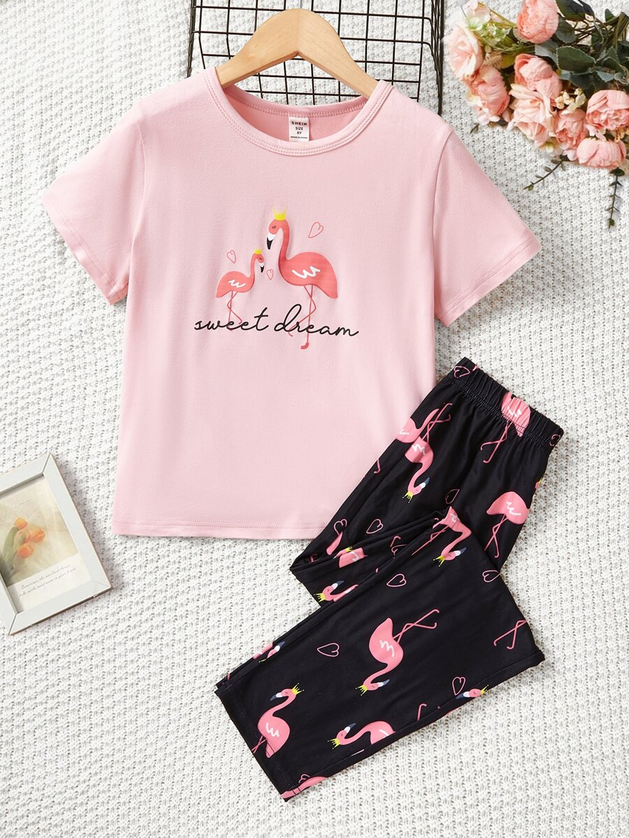 Girls Flamingo & Slogan Graphic PJ Set - Multicolor - View 1