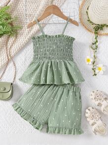 SHEIN Toddler Girls Polka Dot Print Ruffle Hem Cami Top & Shorts - Green - View 1