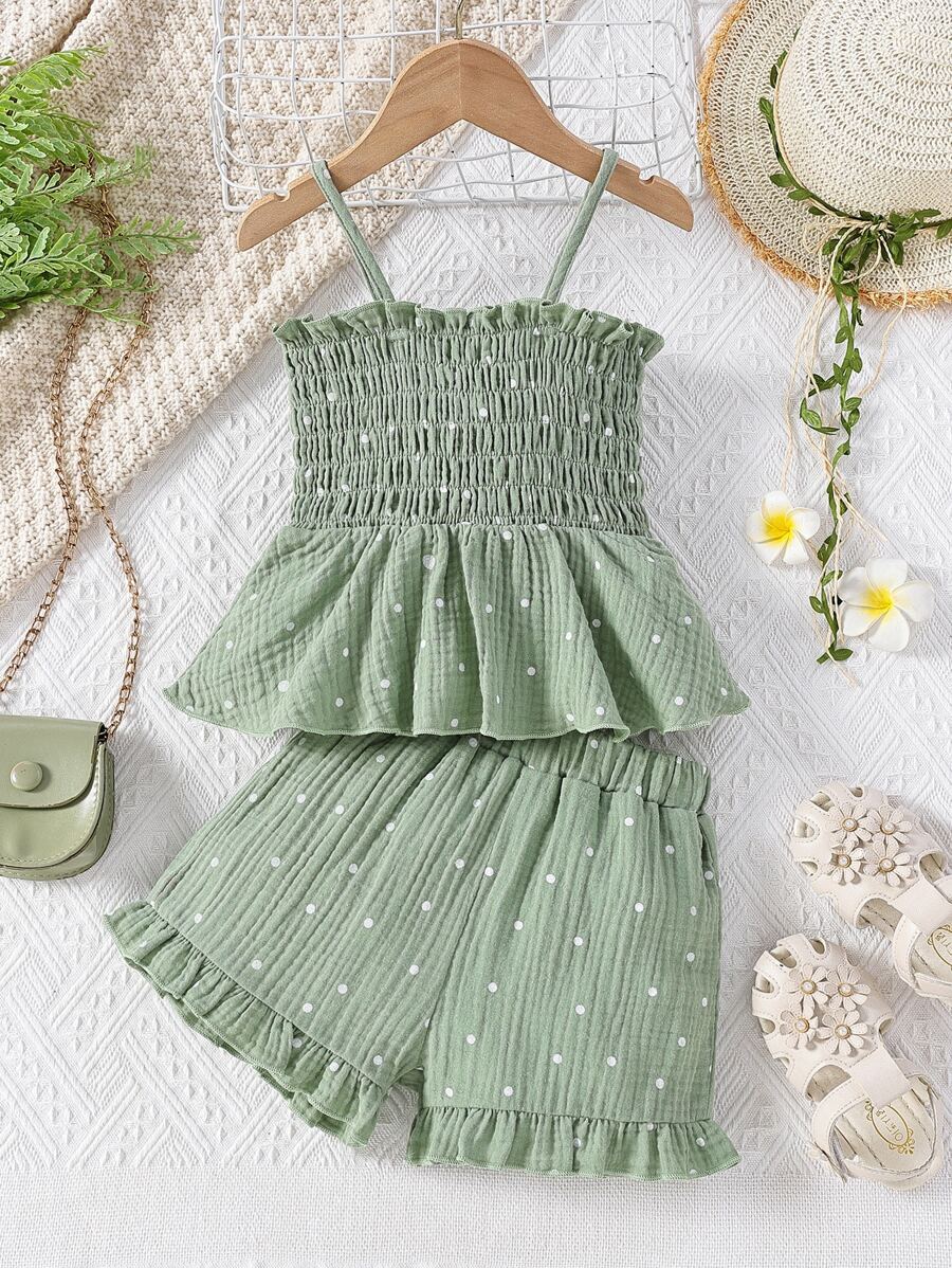 SHEIN Toddler Girls Polka Dot Print Ruffle Hem Cami Top & Shorts - Green - View 1