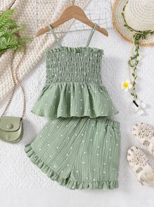 SHEIN Toddler Girls Polka Dot Print Ruffle Hem Cami Top & Shorts - Green - View 2