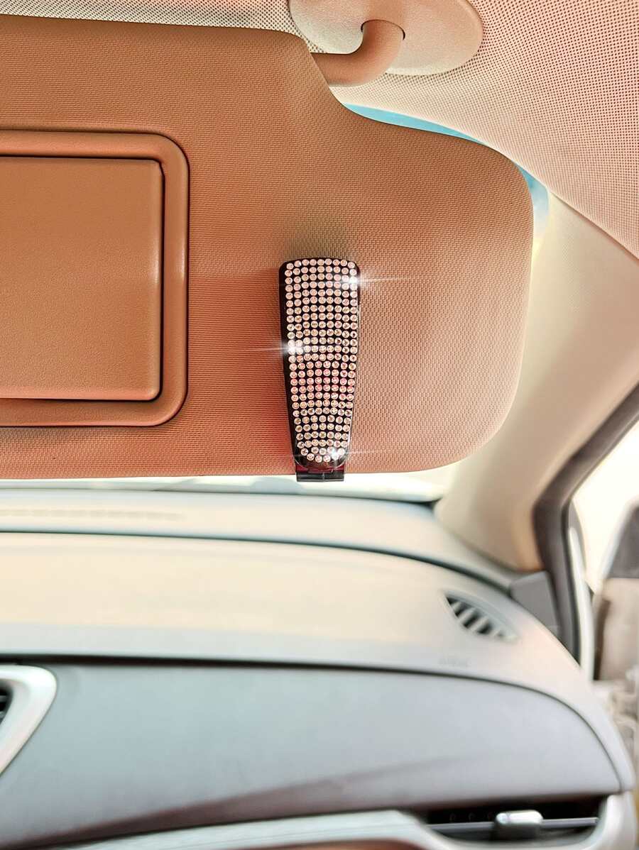 1pc Rhinestone Decor Car Sun Visor Glasses Holder Clip - White - View 1