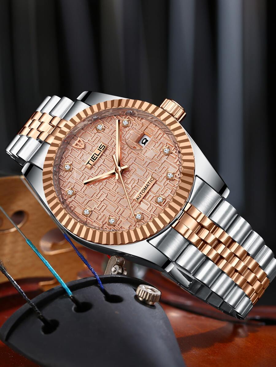 Hombres Reloj mecánico con diseño de diamante de imitación - Oro rosa - Ver 1