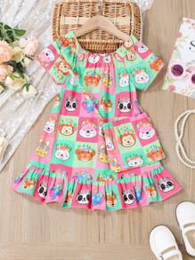 小女童卡通圖案荷葉邊洋裝和配件包