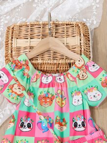 小女童卡通圖案荷葉邊洋裝和配件包