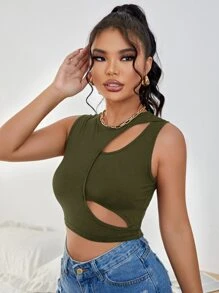 SHEIN ICON Áo hai dây Cắt ra màu trơn Giải trí - xanh quân đội - Xem 3