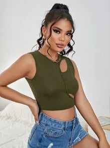 SHEIN ICON Áo hai dây Cắt ra màu trơn Giải trí - xanh quân đội - Xem 4
