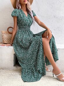 SHEIN VCAY Vestido con estampado floral de manga farol bajo con fruncido - Verde - Ver 1