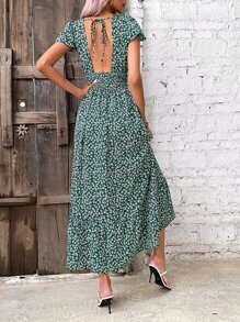 SHEIN VCAY Vestido con estampado floral de manga farol bajo con fruncido - Verde - Ver 2