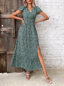SHEIN VCAY Vestido con estampado floral de manga farol bajo con fruncido - Verde - Ver 4
