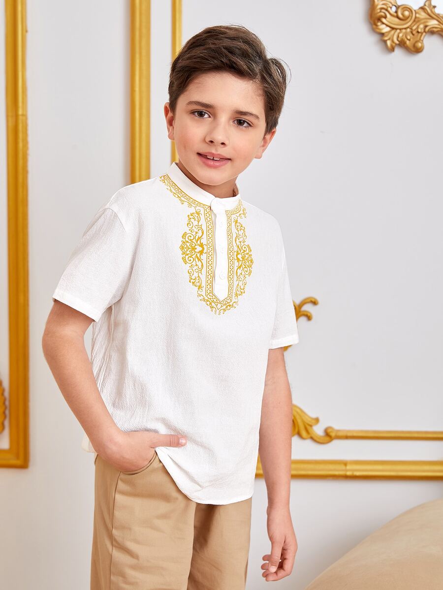 SHEIN Boys 1pc Scroll Print Half Button Shirt - White - View 1