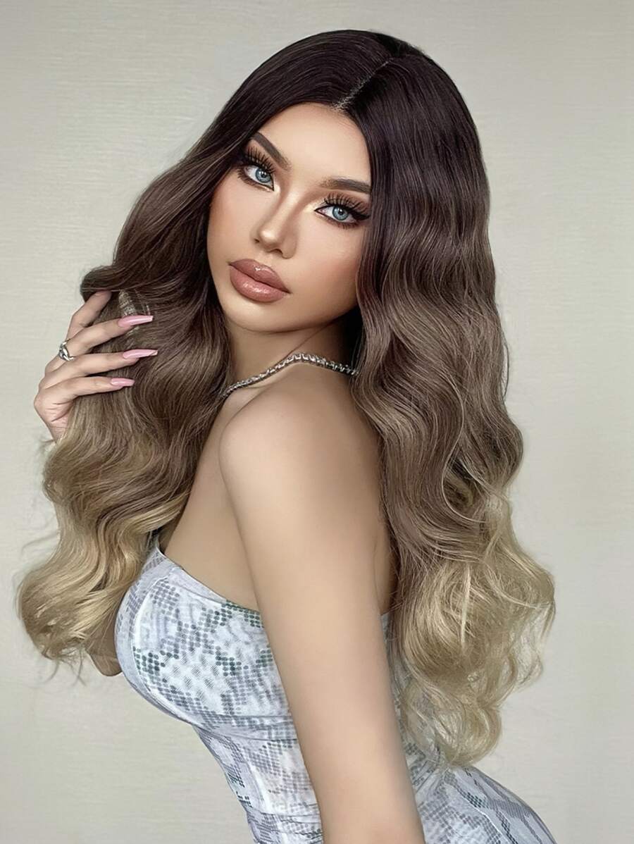 HAIRCUBE13*1 T 部分蕾絲假髮，28 英寸棕色漸變色蕾絲假髮，長捲髮假髮日常使用合成蕾絲假髮 - 漸層 - 查看 1