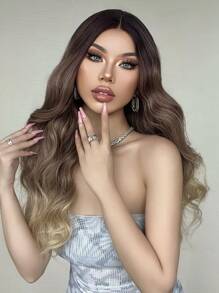 HAIRCUBE13*1 T 部分蕾絲假髮，28 英寸棕色漸變色蕾絲假髮，長捲髮假髮日常使用合成蕾絲假髮 - 漸層 - 查看 7