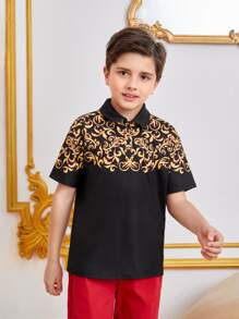 SHEIN 男孩1入組巴洛克風格圖案POLO衫 - 黑色 - 查看 9
