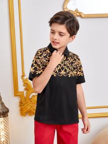 SHEIN 男孩1入組巴洛克風格圖案POLO衫 - 黑色 - 查看 5