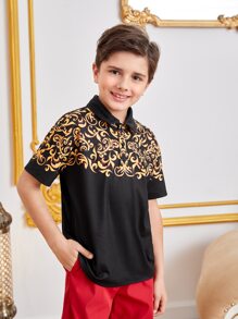 SHEIN 男孩1入組巴洛克風格圖案POLO衫 - 黑色 - 查看 6