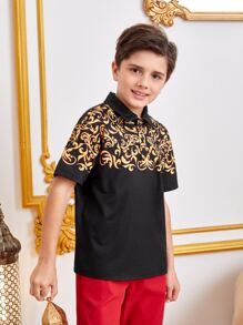 SHEIN 男孩1入組巴洛克風格圖案POLO衫 - 黑色 - 查看 8