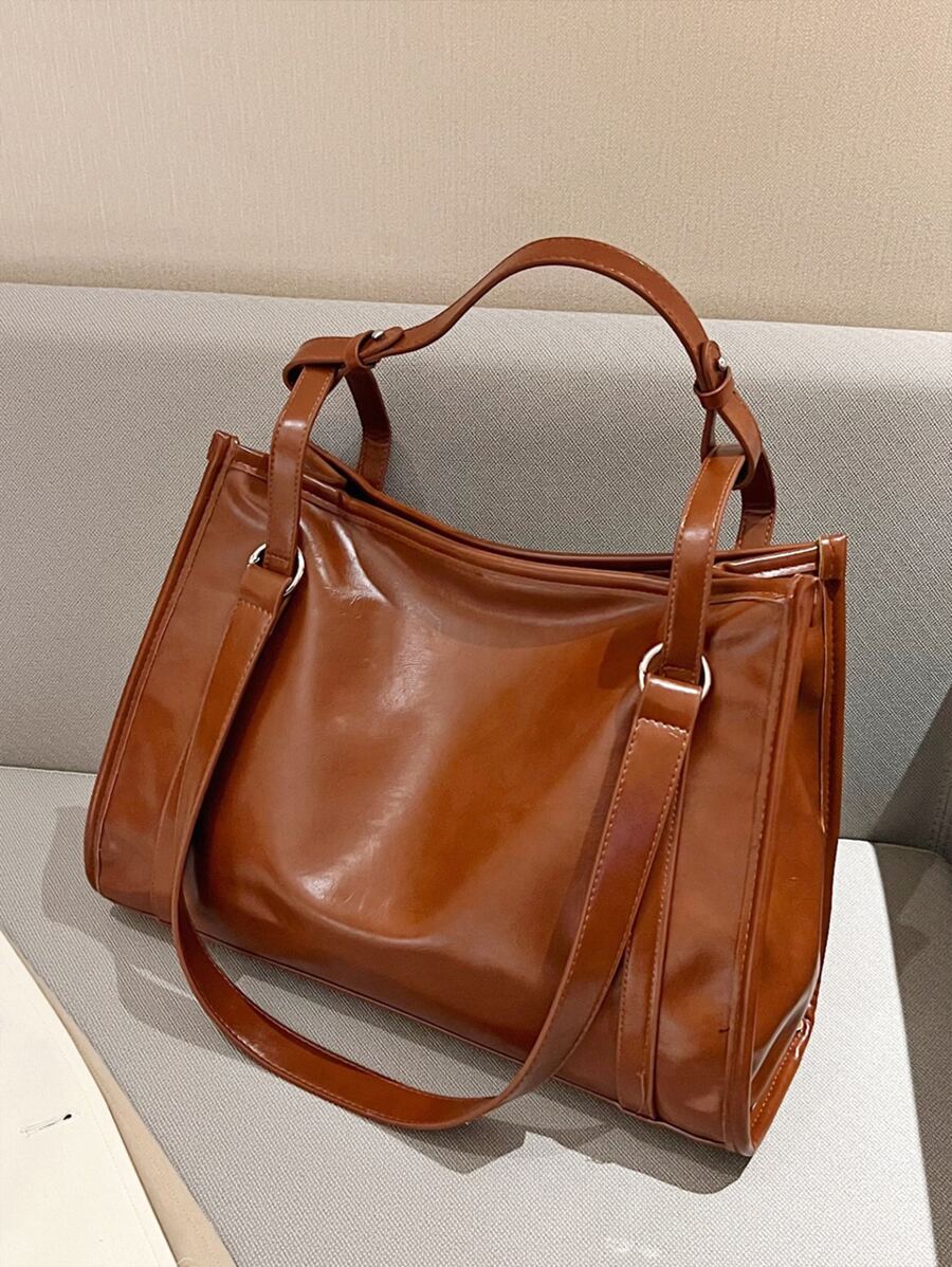 大容量女裝 PU 手提包，復古單肩包，手提包，純色斜背包，適合日常通勤 - 棕色 - 查看 1